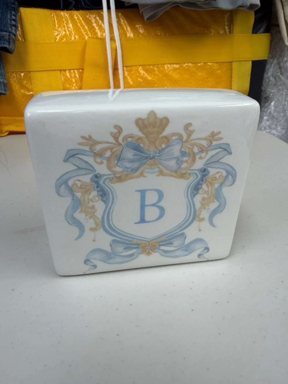 Ashland Blue and Cream Monogram 'B' Ceramic Home Accent Frosted Fairytale decor - Picture 1 of 2